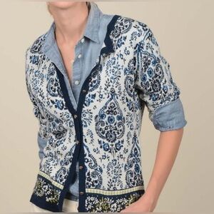 Spartina 449 100% Merino Wool Paisley 3/4 Sleeve Cardigan preppy